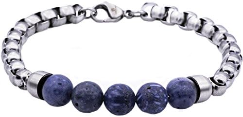 Men's Genuine Gemstone Bead Stainless Steel Round Box Link Bracelet