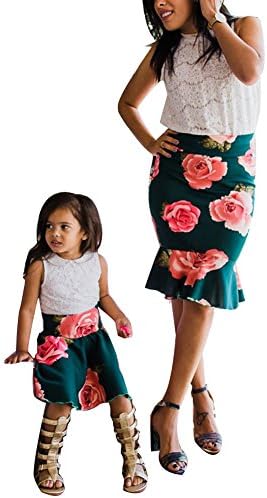 Mommy and Me Dresses Casual Floral Family Outfits Stripe Stitching Skirt Beach Maxi Dresses