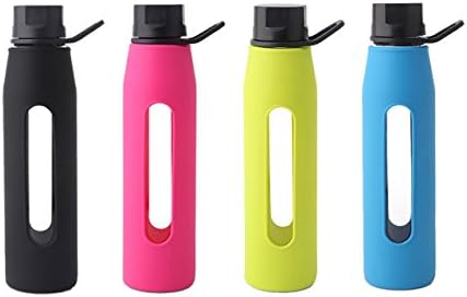 20 Ounce High temperature resistance Thickening Glass Water Bottle with Silicone Sleeve and Twist Cap Yoga Kettle Running Handheld bottle Hot and Cold Water Juice Tea Coffee Milk Container Rose Red