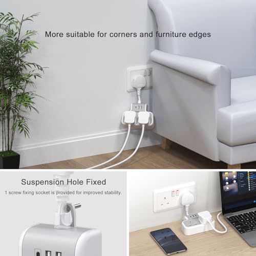 TOPREK Multi Plug Adaptor with USB C, Double Plug Adapter UK, 5cm Short Extension Lead、Compact Wall-Mounted Adapter UK for Home, Office, Kitchen