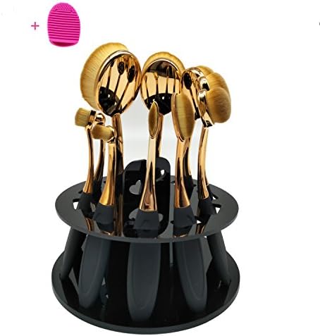 Xuaber 10pcs Oval Makeup Brush Set Professional Makeup Brushes Toothbrush Style Cosmetic Kabuki Brushes Tool Set with Powder Puff Brush Cleaner and Stand Holder Drying Tower