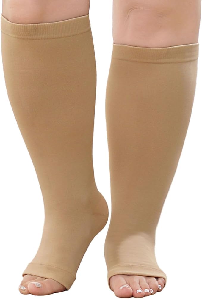 LOFIR Plus Size Compression Socks: Flight Socks for Women Large Calves Wide Calf Graduated Compression Socks for Men Open Toe Stockings for Support Travel Pregnancy Nurses 20-30 mmHg Beige 7XL 1Pair