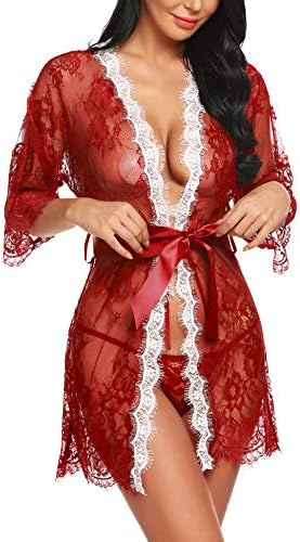 Avrilove Women's Kimono Eyelash Lace Robe Babydoll Lingerie Mesh Chemise Nightdress Nightgown