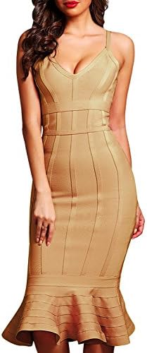 Fbeauty Women's V Neck Mermaid Strap Bandage Dress Midi FB15249 (XS, Olive)