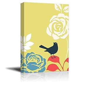 Canvas Birds Series - Bird Standing on Abstract Flower - Giclee Print Gallery Wrap Modern Home Art Ready to Hang - 12x18 inches