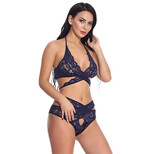 CofeeMO Cross Wrap Lace Ultra-Thin Two-Pieces Lingerie Suit,Sexy Underwear Halter Pajamas for Women(Blue,L)