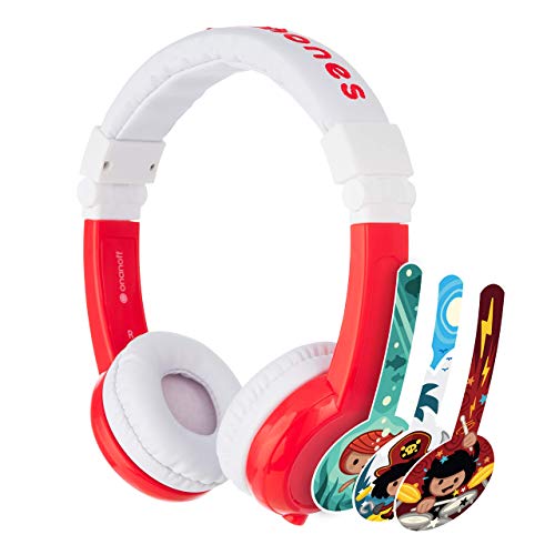 ONANOFF BuddyPhones Explore Foldable, Volume-Limiting Kids Headphones with Travel Bag, Built-in Audio Sharing Cable with Mic, Compatible with Fire, iPad, iPhone, and Android Devices, Red