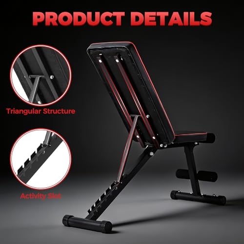 Adjustable Weight Bench, Full Body Workout Strength Training Bench Press Foldable Incline Decline Bench Sit Up Exercise Equipment for Home Gym with Dual Bands