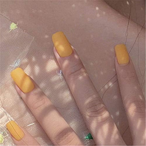 BloomingBoom 24 Pcs 12 Size Full Cover False Fake Nail Artificial Press On Salon Natural Round Square Squared Matte Solid Color Warm Yellow