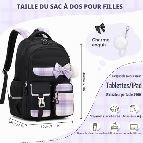 Tanou Girls Primary School Bag, Waterproof Daypack School Backpack for Teens, Kawaii Checked School Bag for Girls 9-16 Years Old for Travel