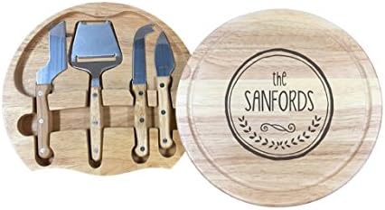 The Smart Baker Custom, Personalized Cheese Board Set. Includes Cheese Plane, Spreader, Curved Knife with Dual Pronged Tip, Sharp Cheese Knife and Swivel Style Board with Laser Etch Engraving