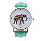 Tonsee Fashion Women Elephant Pattern Leather Analog Quartz Watch Green