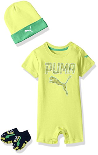 PUMA Baby' 3 Piece Romper Set, Acid Yellow, 6/9M