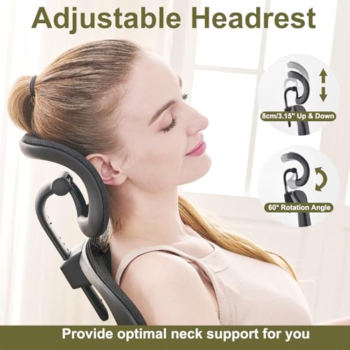 TONFARY Ergonomic Home Office Chair, High Back Mesh Desk Chair with Adjustable Lumbar Support, Flip-up Armrest, Removable Headrest, Swivel Computer Gaming Chair, Space Saving, 150KG (Black)