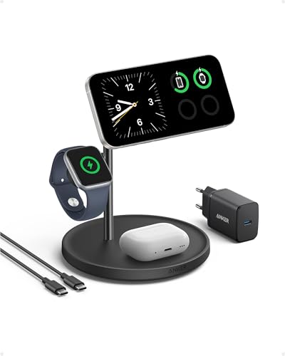 Anker MagGo 3-in-1 Kabellose Ladestation, 15W kabelloser Ladeständer, MagSafe-kompatibel, Qi2-zertifiziert, für iPhone 17/16/15/14 Serie, AirPods Pro,