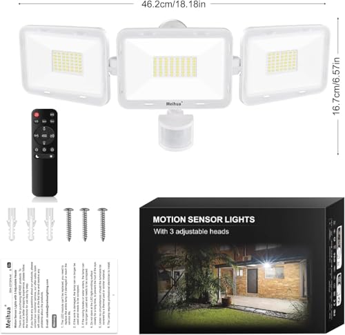 MEIHUA 70W LED Outdoor Motion Detector Floodlight with Remote Control 700-6850LM 6500K Cool White 10 Brightness Levels 3 Modes Waterproof IP66 LED Spotlight for Garage Garden