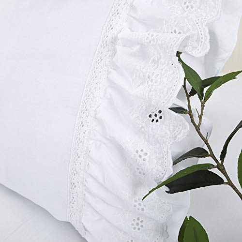 Eyelet Pillow Shams Ruffled King Bright White Shabby Chic Lace Set of 2