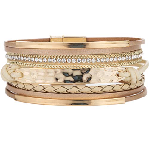 Yoocool Multi-Layer Handmade Leather Bracelet Braided Wrap Cuff Bangle with Alloy Magnetic Clasp Beaded Wrist Bracelets Jewelry for Women,Girl Gift (Beige with ID Tag)