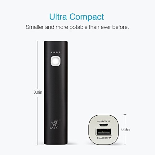 Mini 3400mAh Portable Power Bank, iXCC (3rd Generation) Lipstick-Sized Charger Compact Aluminum External Battery for iPhone, Galaxy and More - Black