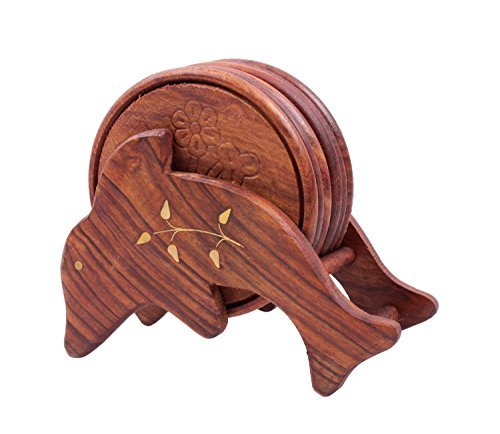 storeindyaStore Indya Set of 6 Hancrafted Wooden Coasters with Dolphin Shape Holder | Rustic & Vintage Drink Coasters for Tea Coffee Beer Wine Glass Drinks | Decorative Table and Bar Accessory