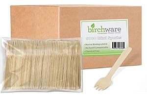 Birchware Mini Sporks 4" - (5000 Count) Compostable Wooden Mini Sporks, Biodegradable Party Supplies, Sturdy, Heat Tolerant a