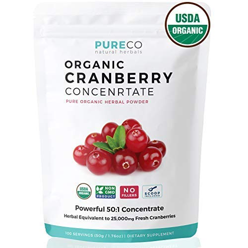 USDA Organic Cranberry Concentrate (50:1) Powder - 500mg is Equivalent to 25,000mg of Fresh Cranberries - For Kidney Cleanse & UTI Support Vitamins - Fruit Extract Supplement - 100 Servings - No Pills