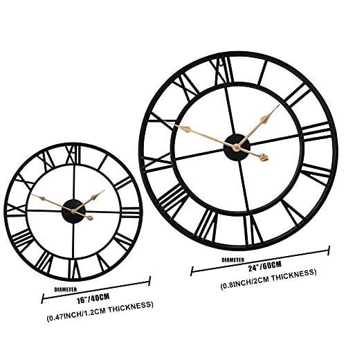 Qukueoy 16 Inch Large Metal Wall Clock Home Decorative Industrial Clocks with Big Roman Numerals,Retro Oversized Clock for Living Room Decor,Battery Operated(Black-Roman)