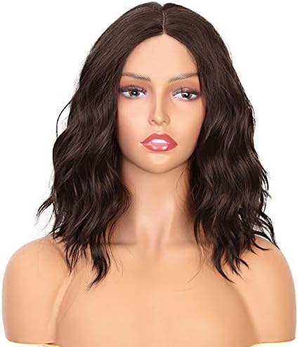 PORSMEER Short Wavy Curly Synthetic Hair Bob Wigs for Women Realistic Natural Wigs With Wig Cap for Ladies Cosplay Costume Party Daily Use(14 inch,Dark brown) - Image 4