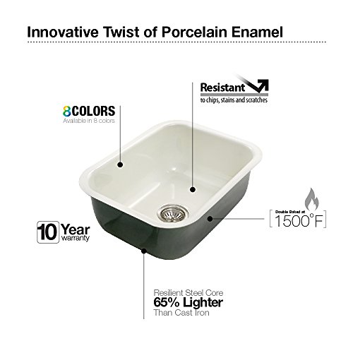 Houzer PCS-2500 WH Porcela Series Porcelain Enamel Steel Undermount Single Bowl Kitchen Sink, White