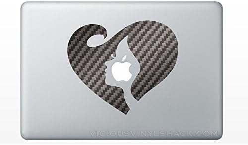 Heart with Woman Face Profile Blowing Hair (CARBON FIBER) Vinyl Decal Stickers for MacBook Laptop Car Always Relationships Feathers Flowing Wind Love Girl Cutout