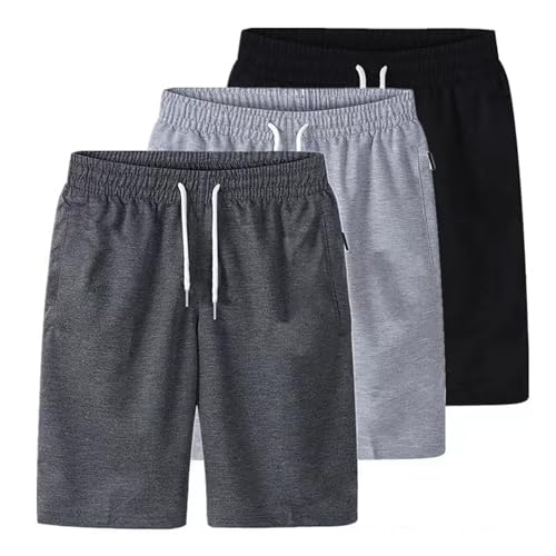 Lot de 3 Shorts Running Homme D'été en Coton Short Pantacourt Taille Élastique Pantalon Court éTé Coton Cordon de Serrage Bermuda de Travail Couleur & Unie Sport Fitness Loisirs