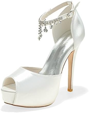 Jiame Women's Peep Toe Platform Heels Pumps Ankle Straps Buckle Satin Wedding Evening Party Prom Sandals (8.5MB(US)(Asia 40), Lvory White)