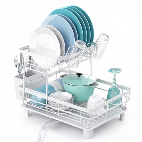 Velvaria Multi-Functional Dish Drying Rack, Large Metal Dish Drainer with Drip Tray and 360° Swivel Spout for Kitchen Counter (White, 2 Tiers)
