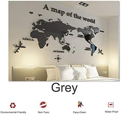 PFLife 3D 4 Color World map Wall Decals,Acrylic Wall Sticker stereoseopic Wall Mural for Home School Company 30in to 110in (Grey, Large)