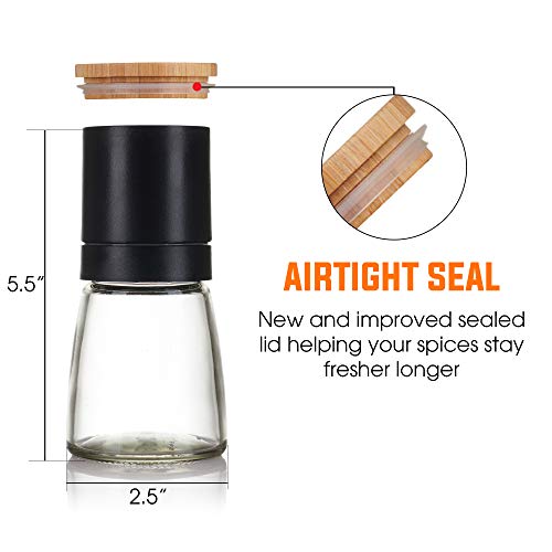 Traycon Salt And Pepper Grinder Set (2 Pc.), Black And White Cap With Wooden Lid, Glass Base/Kitchen, Dining Room Accessory/For Spices, Himalayan Pink Salt, Peppercorn/With Bonus Wooden Stand