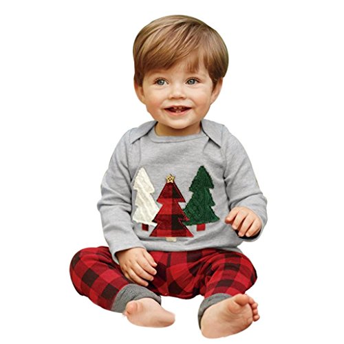 Kehen 2PCS Toddler Baby Christmas Tree Long Sleeve Shirt + Plaid Pants Xmas Clothes Set (2T, 1 Gray)