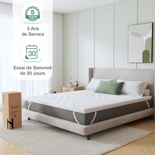 Novilla Surmatelas 160x200, 5CM, Surmatelas en Mousse à Mémoire de Forme Gel, Mousse en Matériau Bambou, Évacuation de L'humidité, Avec Design Antidérapant et Certification de Sécurité, Lavable | 2" Memory Foam Mattress Topper, Machine Washable Cover, 4 Elastic Fastening Straps