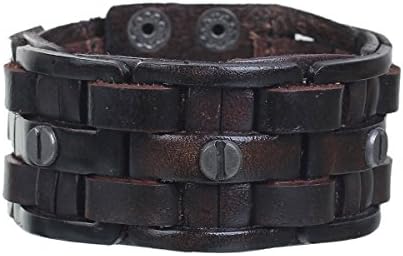 Mens Genuine Real Leather Wrist Bracelet Wide Casual Wristband Cuff Bangle Adjustable (J: dark brown 9.7 inches)