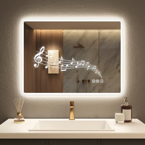 STARLEAD Bluetooth Badezimmerspiegel-mit-Beleuchtung 80x60cm, Dimmbar, 3 Lichtfarben, LED-Spiegel-Bad mit Entfoggen, Speicherfunktion, IP44 Hartglas B