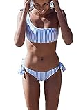 Shele Womens Two Piece Swimsuits One Shoulder Sexy Stripe Low Waist Bikini Set (Blue, L)