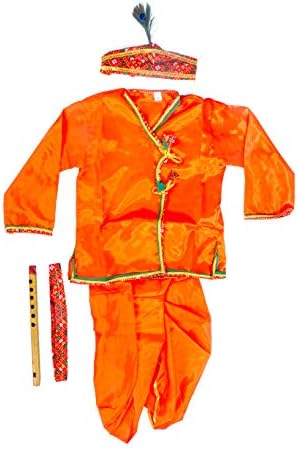 Sajani Boys and Girls Dhoti Kurta Krishna Kids Costume Ethnic Wear Dress (Pack of 5 - Kurta, Dhoti, Bansuri, Mor Pankh Mukut, Bandhni Patka)(Orange)