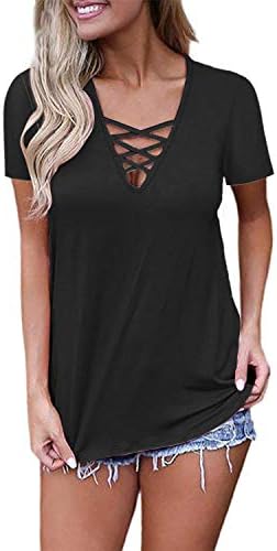 Adreamly Women's Short Sleeve Criss Cross V Neck Tops Basic Lace Up Blouse