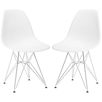 Poly and Bark Eames Style Molded Plastic Eiffel Chrome Wire Leg Side Chair, White, Set of 2
