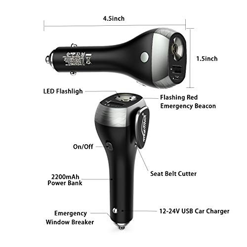 Manfiter Car Charger for Emergency Tool for Car Window Breaker & Seatbelt Cutter, 2-Mode LED Flashlight, Red SOS Beacon & Emergency alarmer, USB Charger 2200 mAh Power Bank 7-in-1 Escape Device