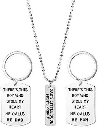 3PCS/Set"Dad's Little Dude MOM'S Prince" Little Boy Love Mothers Fathers Stainless Steel Keychain Pendant Necklace Set
