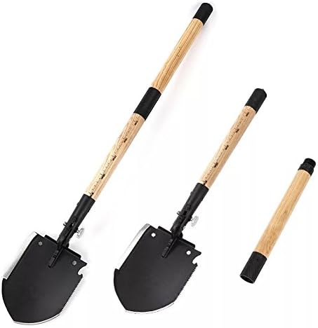 OutShovel Wood Handle Military Folding Shovel SUS420 Alloy Steel with Black Shoulder Bag Emergency Tools for Camping, Hiking, Backpacking, Fishing, Trench Entrenching Tool, Car Emergency etc.