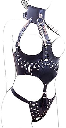 Gudelaa Women's Sexy Crotchless Lingerie Leather Dress Halter Open Cup Neck Binder