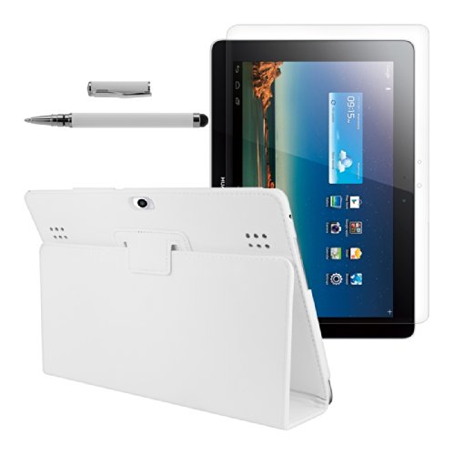 kwmobile 3in1 set: Elegant synthetic leather case for Huawei MediaPad 10 FHD in white with convenient STAND FEATURE + Skin, crystal clear + Stylus, white