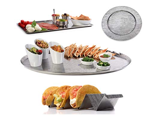 Stainless Steel Serveware Accessories- Taco holders, beverage dispensers, trays, Chargers- Your Choice or Choose your Set (Collection Set of 4: Oval, Round, Rectangle, Taco)