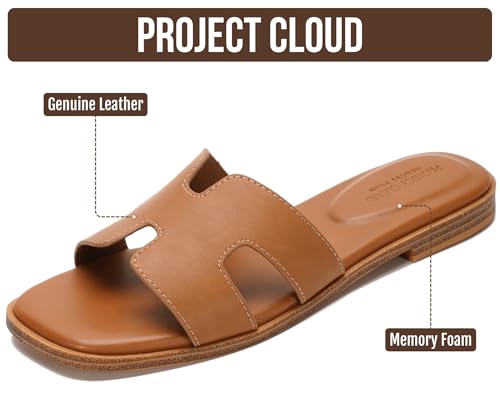 Project Cloud 100% Genuine Leather Sandals for Women 2026 - Fashion Flat Womens Sandals with Memory Foam Insole Slides Sandals Women Footwear - Mules Women's Sandals (Jannel)